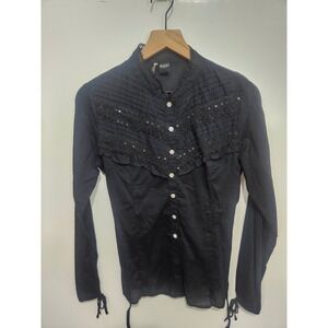 Passport Black Cotton Blouse L Sequin Crochet Pintuck Ruffle Romantic Goth